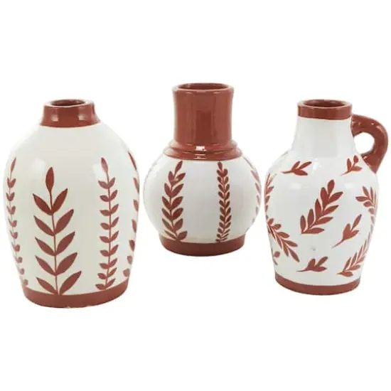 White Ceramic Floral Vase with Terracotta Colored Detailing Set {10}