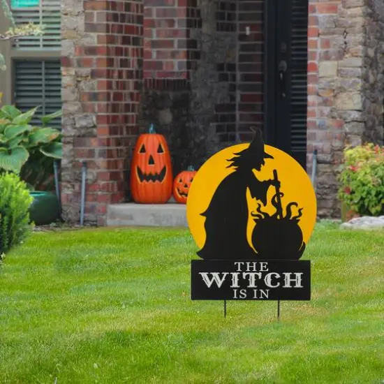 Glitzhome&reg; 30" Black & Orange The Witch Is In Halloween Yard Stake {3}