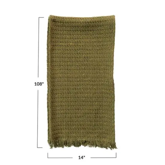 Hello Honey&reg; 108" Green Woven Cotton Table Runner with Metallic Gold Thread & Fringe {5}