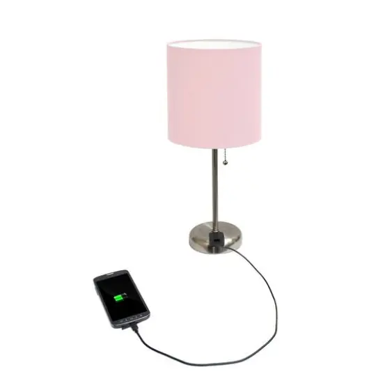 LimeLights 19.5" Stick Lamp with Charging Outlet and Fabric Shade Brushed Steel and Light Pink {7}