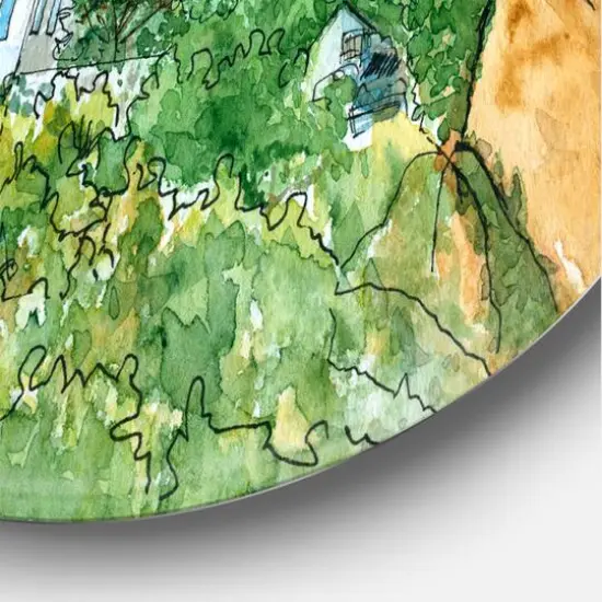 Designart - White House With Red Roof In The Countryside - Traditional Metal Circle Wall Art {4}