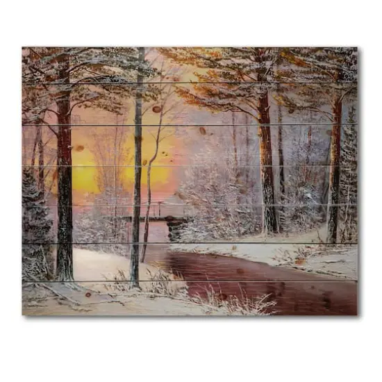 Designart Christmas Forest with River & Trees IV Print on Natural Pine Wood {5}