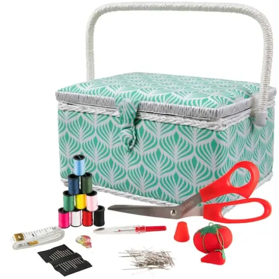 SINGER&reg; Large Blue Boho Fan Print Sewing Basket with Sewing Scissors & Notions {1}