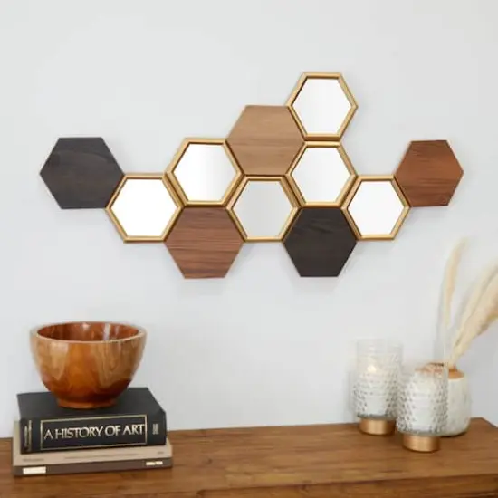 CosmoLiving by Cosmopolitan Brown Wood Honeycomb Geometric Wall Decor with Mirrors 40" x 1" x 19" {7}