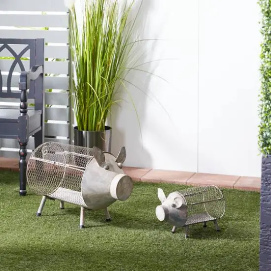 Gray Distressed Metal Farmhouse Pig Planter Set {10}