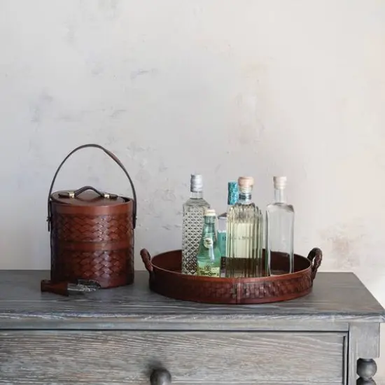 Hello Honey 2.5 Quart Reclaimed Wood, Woven Leather and Removable Stainless Steel Ice Bucket with Handle and Tongs, Cognac Color {4}