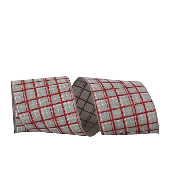 JAM Paper 4" x 10yd. Gray Wired Plaid Glitter Printed Stitch Ribbon {1}