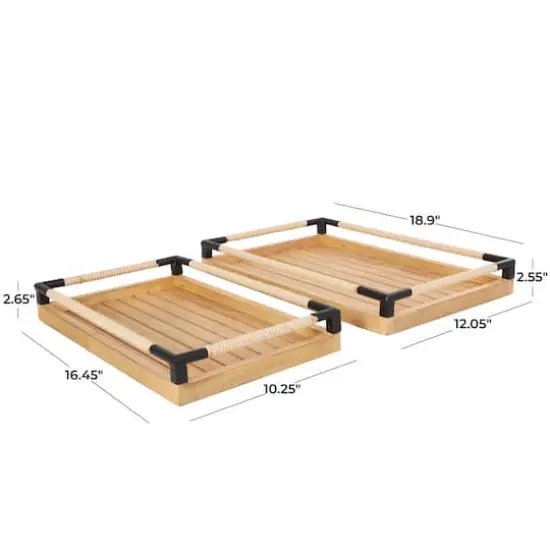 Brown Wood Slatted Tray with Elevated Woven Sides & Black Metal Corners Set {4}