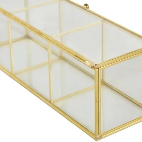 10" x 4" x 4" Clear & Gold 3-Slot Glass & Metal Slim Rectangular Jewelry Box with Chain Accent {6}