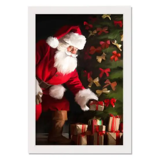 Santa Delivering Christmas Gifts White Framed Wall Art {1}