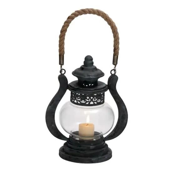 Black Iron Rustic Candle Holder Lantern, 9" x 8" x 5" {1}