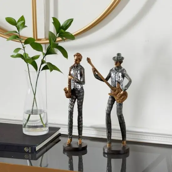 Set of 2 Silver Polystone Vintage Musician Sculpture, 11.75", 12" {8}