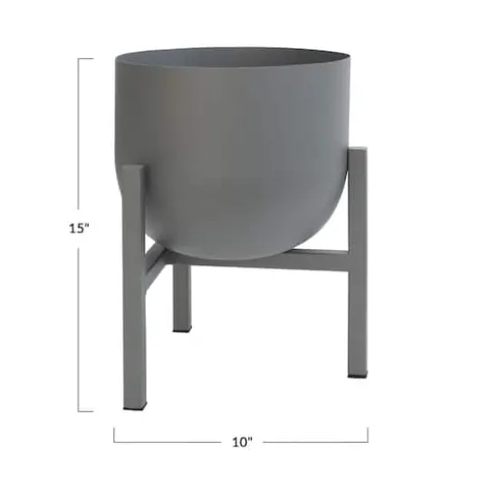 15" Gray Textured Metal Planter Pot with Stand {3}
