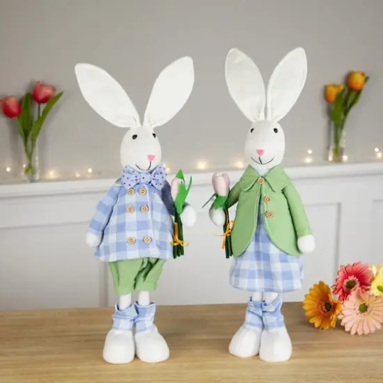 18.75" Bunny Couple in Matching Checkered Outfits Easter Figures Set {3}