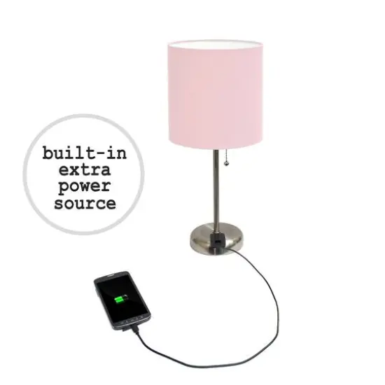 LimeLights 19.5" Stick Lamp with Charging Outlet and Fabric Shade Brushed Steel and Light Pink {8}