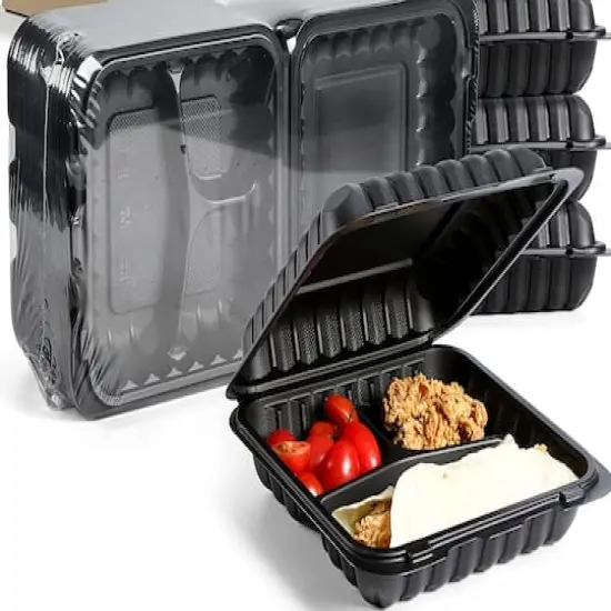 9" Black 3-Compartment Clamshell Take Out Containers, 150ct. {1}