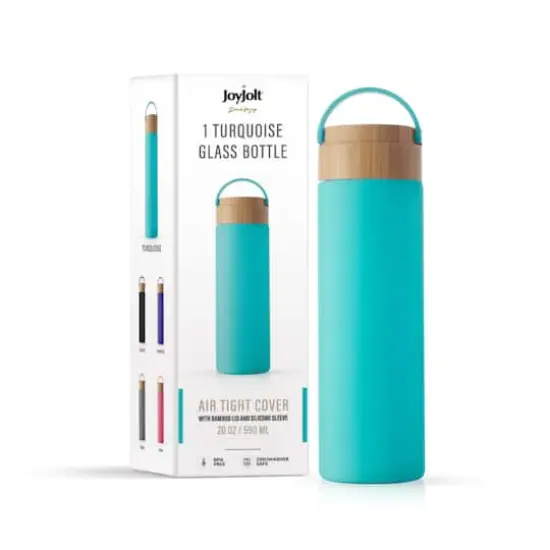 JoyJolt&reg; 20oz. Glass Water Bottle with Carry Strap & Non Slip Silicone Sleeve Turquoise {9}