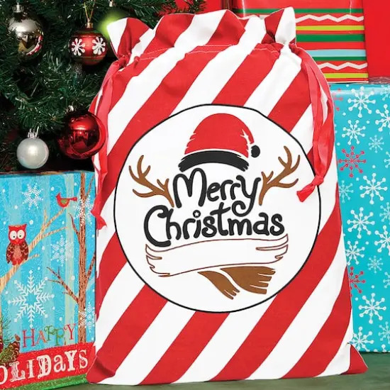 Personality Case&trade; 17" x 26" Red & White Stripe Cotton Merry Christmas Drawstring Bag {3}