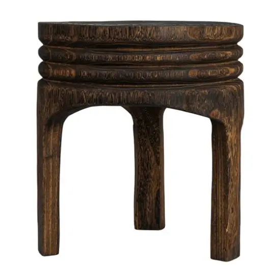 Hello Honey® 15.8" Round Paulownia Wood Carved Stool Charred Finish {8}