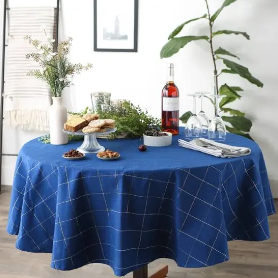 Blue Metallic Windowpane Tablecloth 70" Round {4}