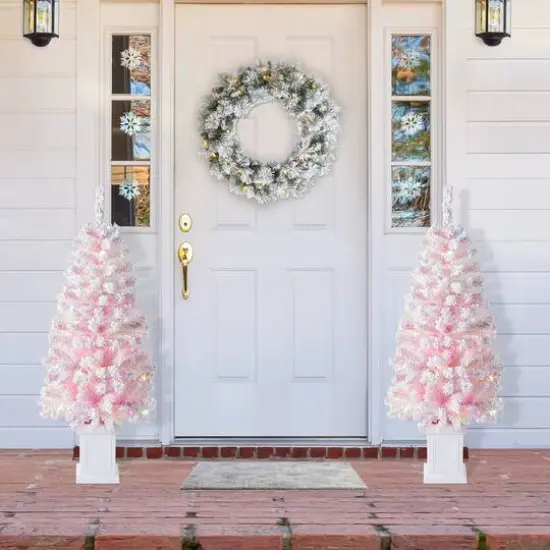 Glitzhome&reg; 4ft Pre-Lit Flocked Pink Artificial Christmas Porch Tree, Multi-color LED Lights {5}