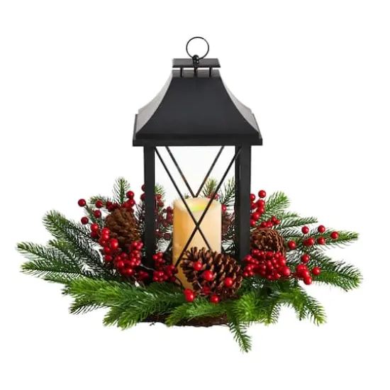 16" Christmas Berries, Pinecones & Greenery with Lantern and LED Candle Artificial Table Arrangement {1}