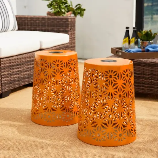 Glitzhome&reg; 17.5" Iron Geometric Pattern Solar Garden Stool Set Orange {3}