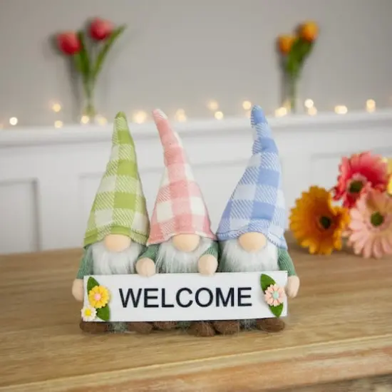 7" Pastel Pink & Green Gnome Trio with Welcome Banner Spring Table D&eacute;cor {3}