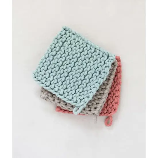Hello Honey&reg; 8" Blue, Red & Brown Square Crocheted Cotton Pot Holder Set {4}