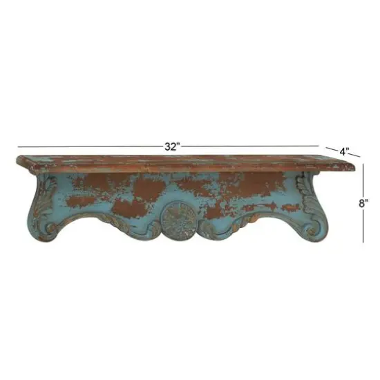 32" Blue Wood Rustic Wall Shelf {8}