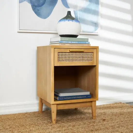 Wood Accent Table with Cane Front Drawer & Gold Handle Light Brown {10}