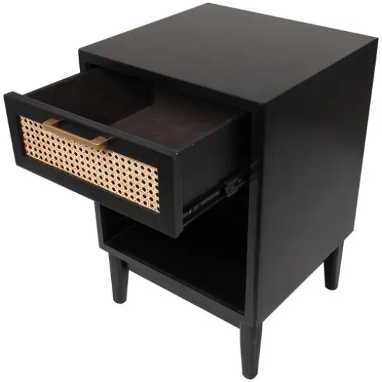 Wood Accent Table with Cane Front Drawer & Gold Handle Black {3}