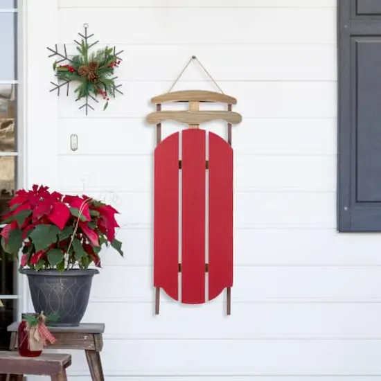 Glitzhome&reg; 34.25"&nbsp;Wooden Christmas Red Sleigh Porch Decor {3}