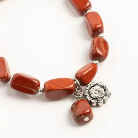 John Bead Red Jasper Stretch Bracelet with Flower Charm {3}