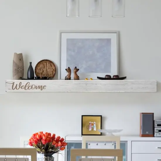 Whitewashed "Welcome" Text Engraving Floating Wall Shelf {3}