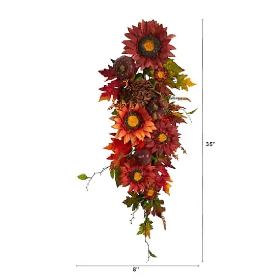 35" Sunflower, Pumpkin & Berries Autumn Teardrop Swag {3}