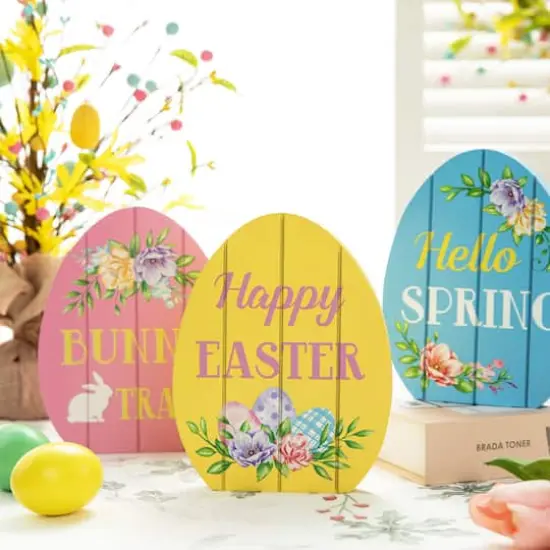 Glitzhome&reg; 7.5" Set of 3 Easter Wooden Easter Egg Table Decor {5}