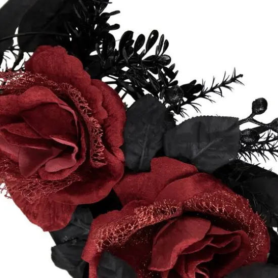 22" Red & Gold Roses with Black Foliage Halloween Wreath {3}
