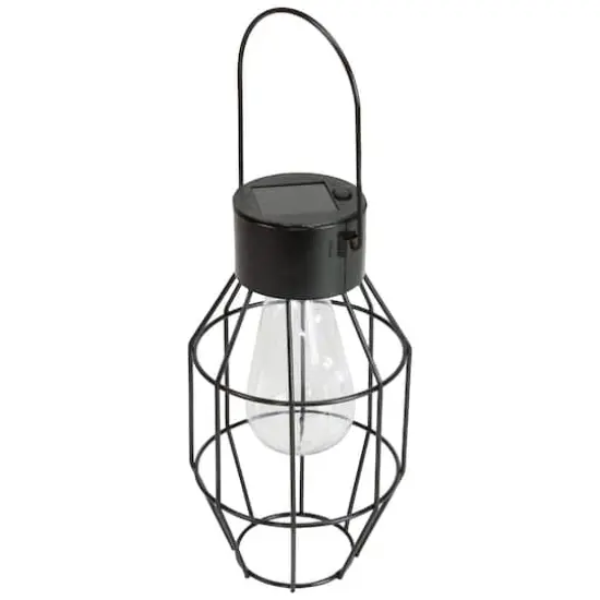 9.5" Black Geometric Oblong Outdoor Hanging Solar Lantern with Handle {1}