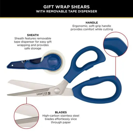 Sabatier 2-in-1 All-Purpose Gift Wrap Scissors with Removable Tape Dispenser Blade Cover Blue {5}