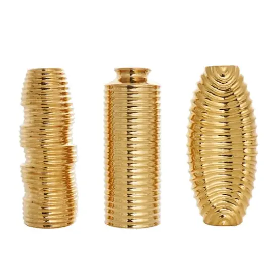 Gold Ceramic Dimensional Ribbed Vase Set {1}