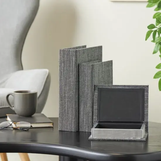 Black Fabric Faux Book Storage Decorative Box with White Sewn Pattern Set {3}
