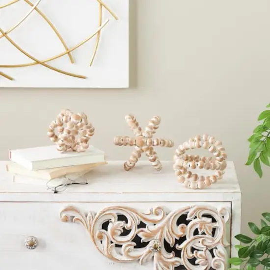 Whitewashed Brown Beaded Knot Wood Sculpture Set {3}