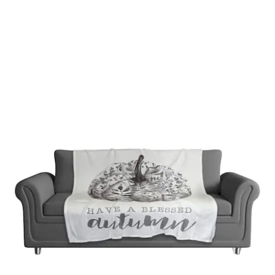 White & Gray Blessed Autumn Pumpkin Fleece Blanket {4}