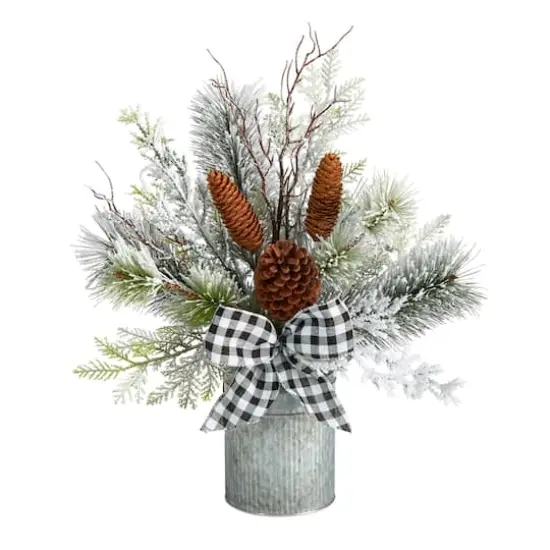 20" Winter Greenery, Pinecones & Gingham Plaid Bow Arrangement {1}