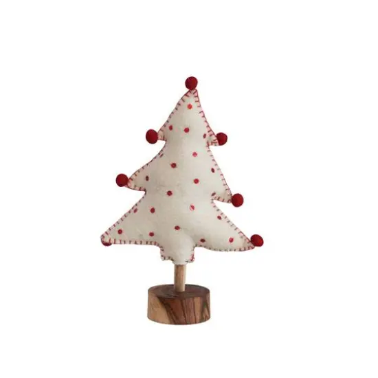 Hello Honey® 10" White & Red Handmade Wool Felt Tree with Sequins, Pom Poms & Wood Base {1}