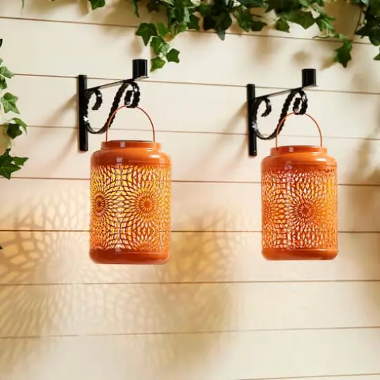 Glitzhome&reg; 8.75" Metal Cutout Solar Powered Hanging Lantern Set Orange {5}