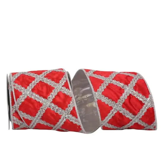 JAM Paper 4" x 5yd. Red & Silver Diamond Lattice Overlay Wired Plush Velvet Ribbon {1}