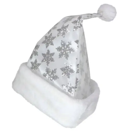 14" Adult Medium Sequin Snowflake Santa Hat, White {4}