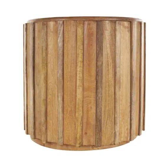 18.25" Brown Mango Wood Handmade Concaved Curve Drum Accent Table with Ridges {9}